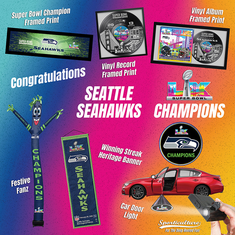 Collection of Seattle Seahawks Super Bowl Champions memorabilia on a colorful background